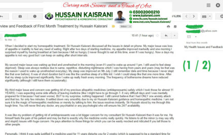 Review and Feedback of First Month’s Homeopathic Treatment by Hussain Kaisrani (Miss AA KHAN)