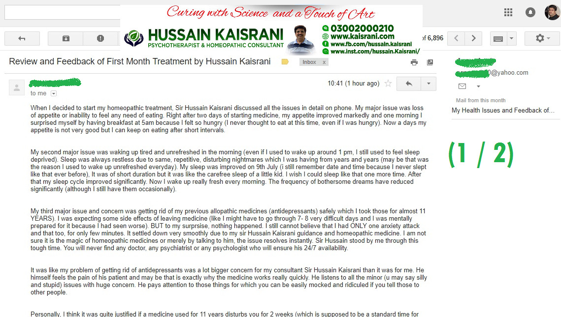 Review and Feedback of First Month’s Homeopathic Treatment by Hussain Kaisrani (Miss AA KHAN)