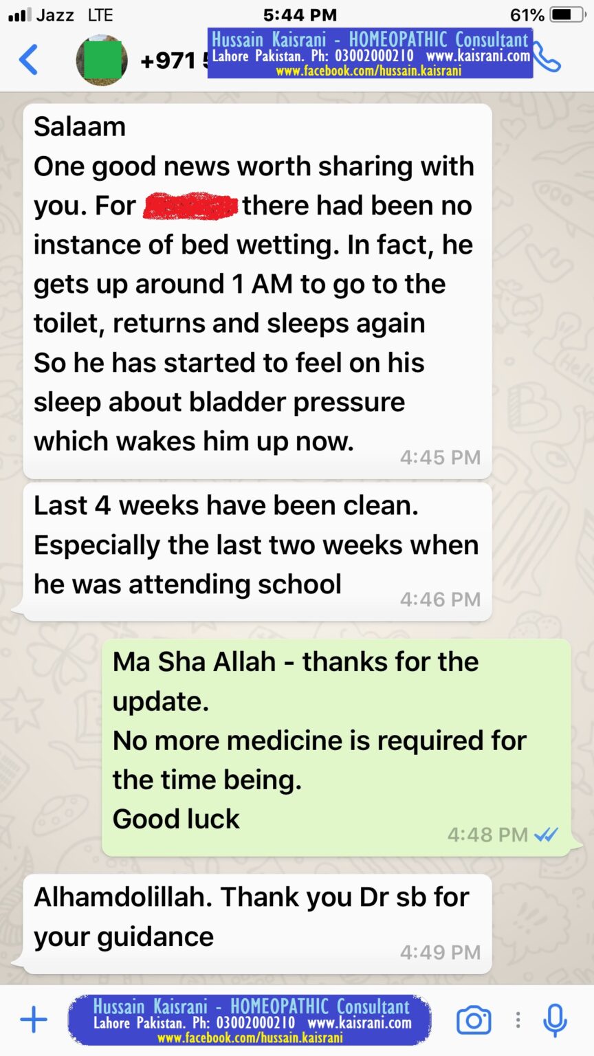 No More Bed Wetting after Homeopathic Treatment – Feedback