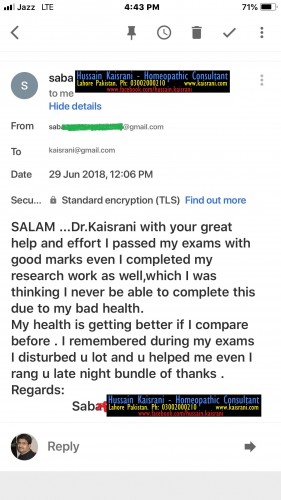 Homeopathic Treatment by Hussain Kaisrani Helped to Score Good Marks in Exams and Research – Feedback from SABA