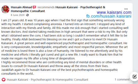 Facebook Review – Hussain Ahmad about Hussain Kaisrani Homeopathy Treatment