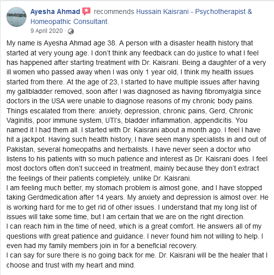 Ayesha recommends Hussain Kaisrani Psychotherapist & Homeopathic Consultant