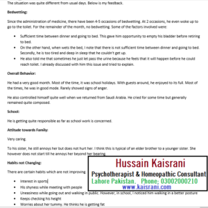 Bedwetting, Anger and Behavior problem – Homeopathic Treatment: A feedback from Online Client