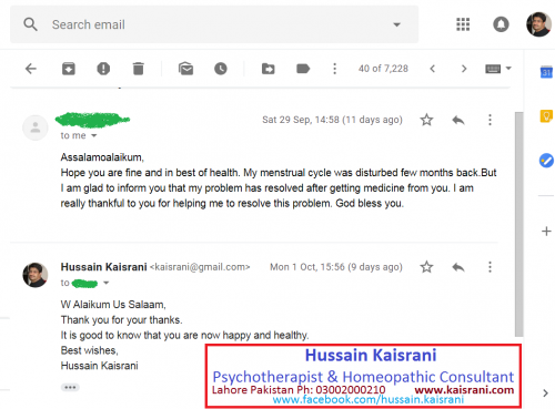 Disturbed and painful Menses / Periods Cured by Homeopathic Treatment – Feedback – Hussain Kaisrani